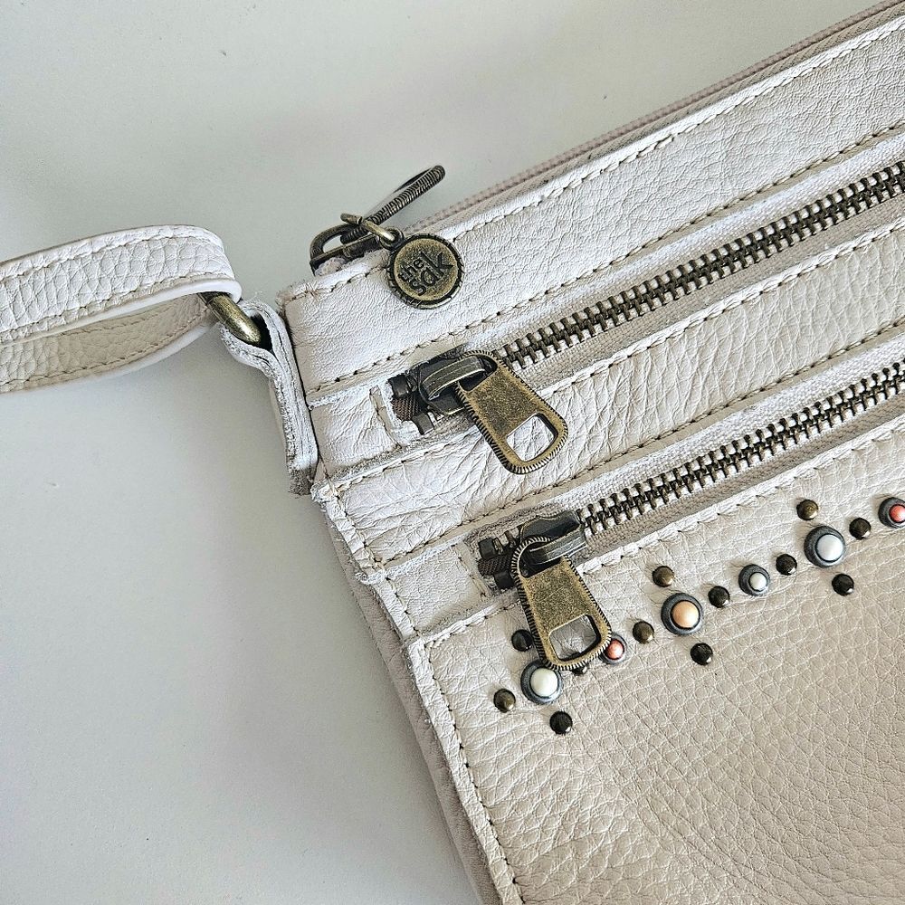 The Sak | Leather Bone Crossbody Stud Zipper Boho Purse Brass Bag Womens - Picture 4 of 7